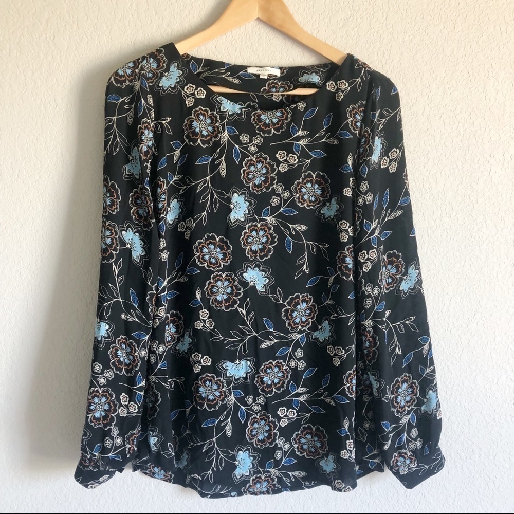 Pleione Floral Long Sleeve Dress Blouse Top Scoop Neck Black